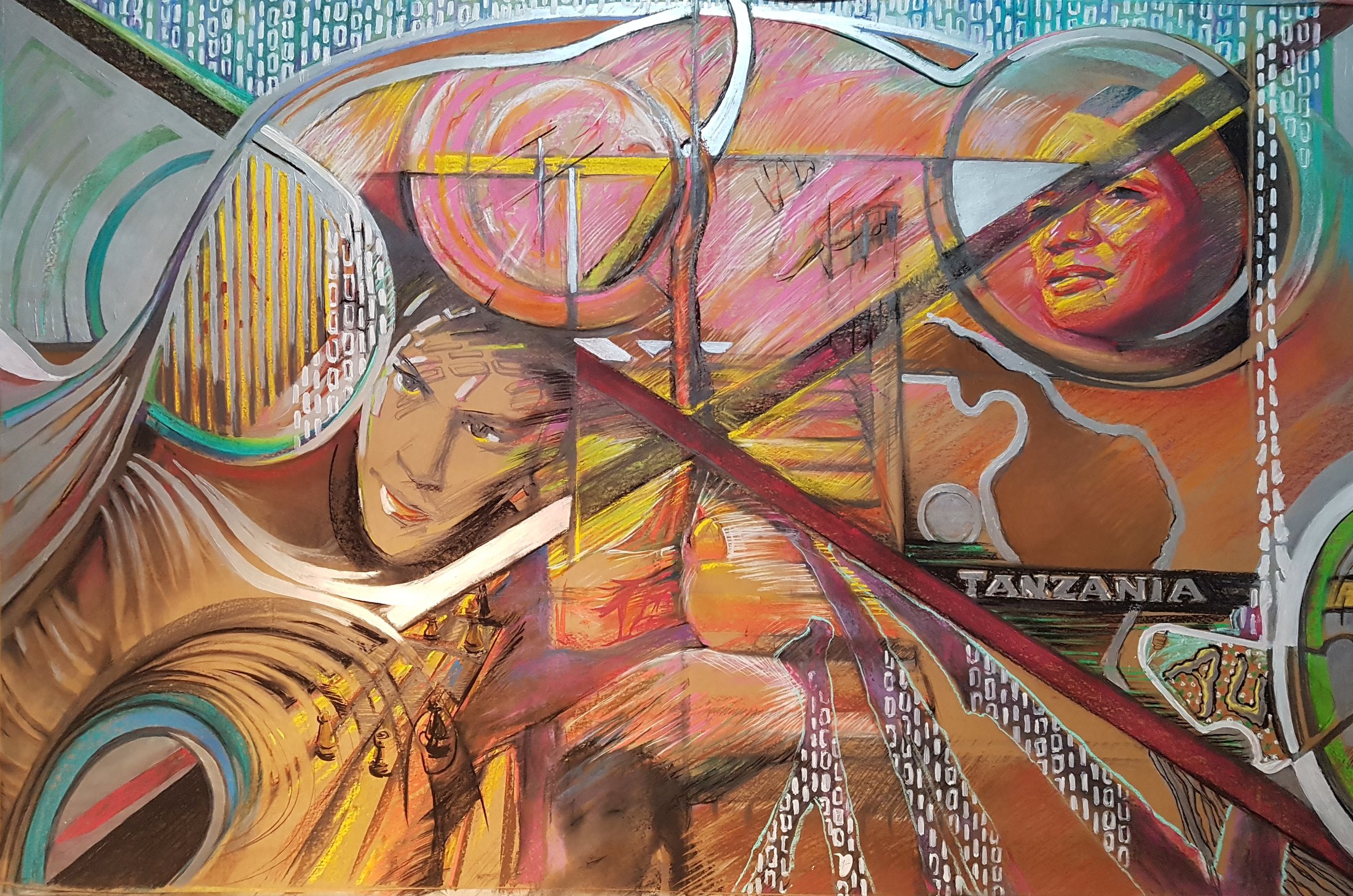 Abstract figurative artwork in coral, turquoise and ochre