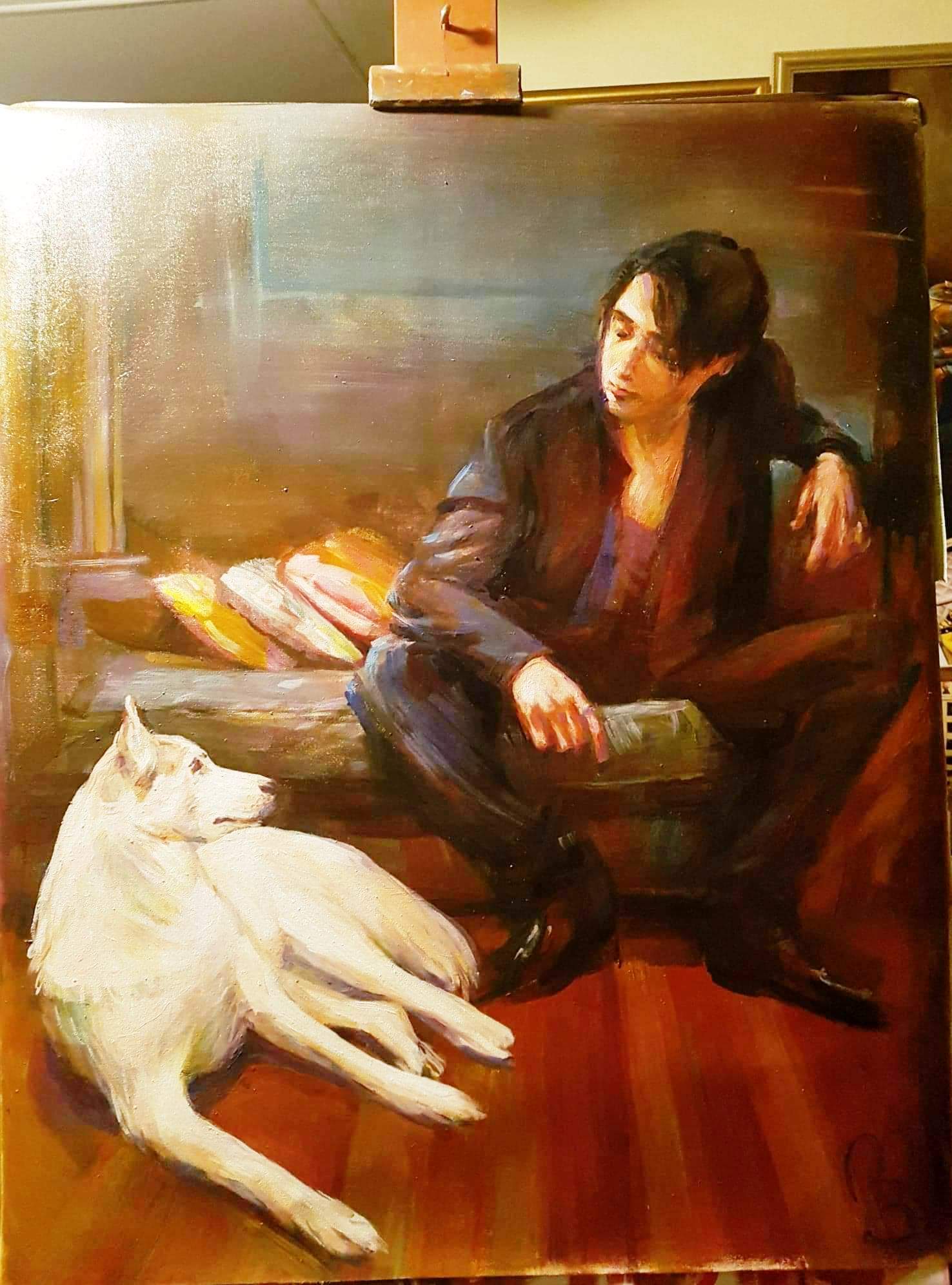 Oil portrait of Leon seated beside a white dog named Lili