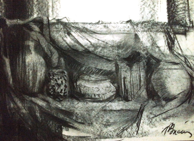 Still life with pottery and draped fabric